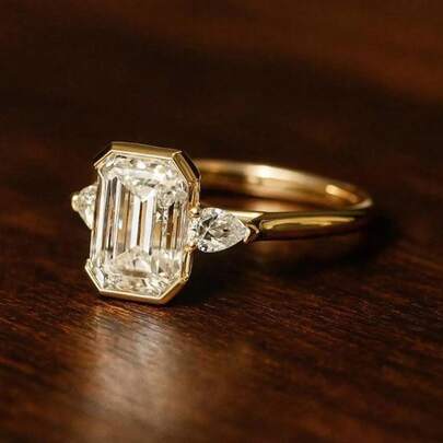 Elegant And Simple Moissanite Engagement Ring, Three-Stone Women's Ring, Half-Bezel Art Deco Wedding Ring, Pear-Shaped Cut, Exquisite Bridal Ring, A Gift For Her.