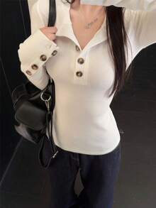 Women's Spring Knitted Long Sleeve T-Shirt, V-Neck Button Design, Versatile Fitted Pullover Top, Flattering Waist, Suitable For Autumn/Winter Casual - White - View 7
