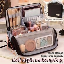 大容量立式化妆品收纳盒，磁扣闭合 - 结实耐用的布料材质，可收纳护肤品、洗漱用品 - 方便旅行和居家收纳，多隔层拉链设计 - 彩色 - 查看 3