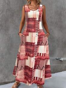 Plus Size Loose Geometric Pattern Sleeveless Pocket Summer And Spring Long Dress Elegant Vacation - Multicolor - View 2