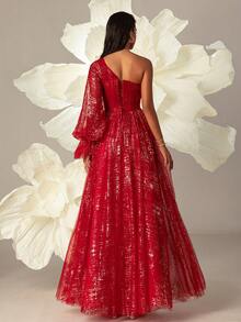 VIPGIRL 藏蓝色网纱灯笼袖不对称肩部女士晚礼服 - 紅色 - 查看 2