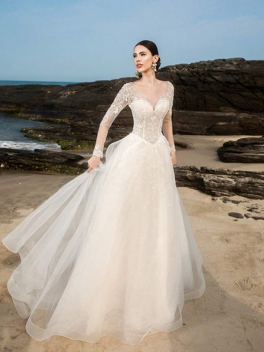 Elasola HEARBOBO White Lace Long Sleeve Backless Mesh Wedding Dress Bridal With Train Elegant - White - View 1