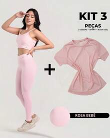 Women's Fitness Set 3-Piece Kit – Complete Gym Look: Top + Leggings + Tulle T-Shirt – 3-In-1 Sportswear Set – Train In Style And Comfort - 淺粉色 - 查看 1