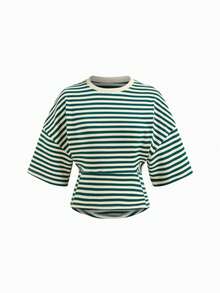 Camiseta feminina listrada com ombros caídos, gola redonda, manga média e cintura com cordão. - Verde - Ver 2