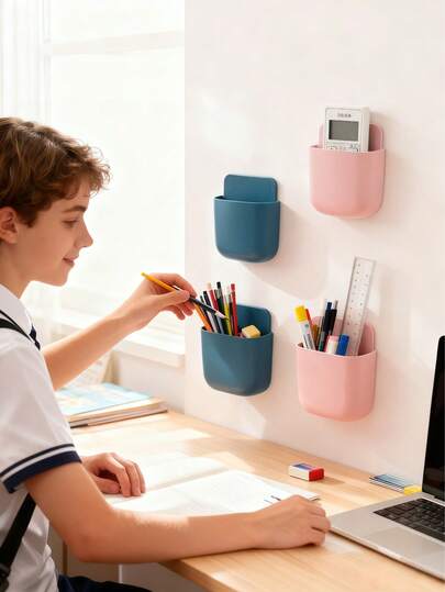 1-Piece Wall-Mounted Storage Box, Suitable For Storing Stationery, Remote Controls, Mobile Phones, Makeup Tools, Etc. No Drilling Required, Strong Adhesive, Suitable For Walls, Desks, Study Desks, Bedside Tables, Car Interiors, Living Rooms, Dining Rooms, Bedrooms, Dressing Tables, Etc.,Pencil Case,Bag