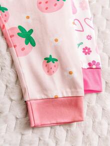 2 Sets (4pcs) Girls & Toddlers Casual Strawberry, Flower, Cherry, Bow, Heart Print Soft & Comfortable Flame Retardant Knit Fabric Long Sleeve T-Shirt And Pants Pajama Set, Suitable For Autumn/Winter Home Wear - Multicolor - View 8