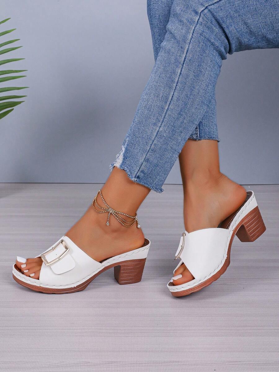 2025 Fashion Metal Buckle Design Open Toe High Heel Mules, Chunky Heel Sexy Non-Slip Platform Sandals, Suitable For Summer Daily Wear (Run Large, Suggest Ordering One Size Down)
