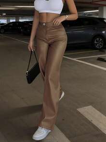 女士高腰亮面PU皮革阔腿裤，哑光涂层，时尚百搭，适合派对、通勤、音乐节、度假等场合，休闲直筒裤，春夏服装，畅销款，Y2K风格，适合派对、通勤、假日、节日、户外活动等场合，春夏穿着，适合高个女性，搭配单品，黑色，长裤 - 卡其色 - 查看 4