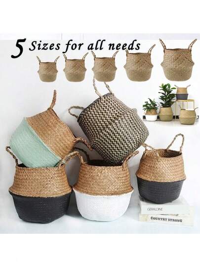 Handmade Bohemian Woven Basket Planter With Handles - Foldable, Quick-Dry, Rattan Pot For Indoor/Outdoor Plants, Balcony, Garden, And Home Decor - Geometric Pattern, Round Shape, Lightweight Design, Indoor Outdoor Decor | Bohemian Style | Quickdry Material, Plant Decor