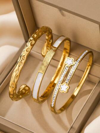 3件套时尚18K不锈钢女士手链，复古简约独特精致高端配饰，适合日常、派对、度假、订婚、婚礼、送给爱人的礼物、音乐节等场合。