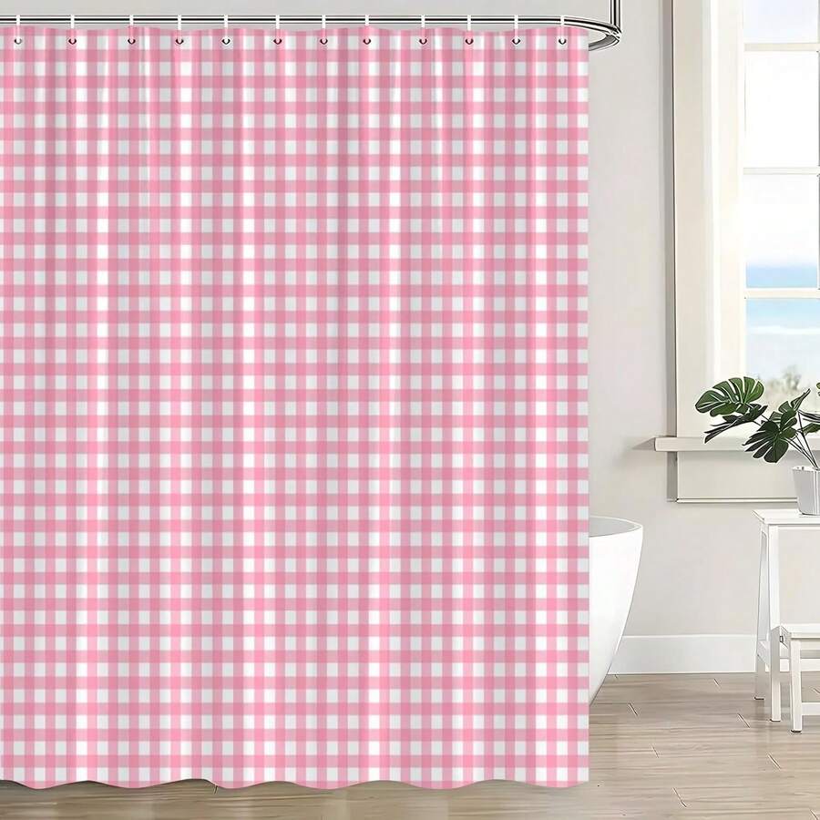1Pc Vintage Farmhouse Pink Plaid Shower Curtain With Gingham Check - Soft Pastel Pink & White Checkered Bathroom Decor, Bath Curtain With Metal Grommets & Hooks, Boho Country Style For Bathtub, Buffalo Check Design, Perfect For Window And Wall, Bathtub, Bathroom Home Decor - 顏色1 - 查看 1