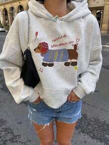 可爱腊肠犬印花连帽卫衣，萌趣动物图案上衣，带抽绳帽兜，口袋，长袖针织面料，保暖内衬，女士卫衣，套头衫，卫衣，女款，秋冬季，舒适宽松版型，日常穿着，女士冬季，女士冬季，连帽卫衣，秋冬季大码女装 - 淺灰色 - 查看 10