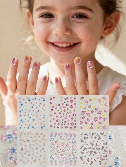 6 Sheet Color Cute Flower Element Nail Sticker For Gifts Cartoon Nail Art Stickers For Nails Kids Women DlY Nall Supplies For Children Gifts