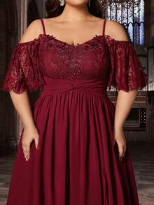 Elegant Solid Color Chiffon Floral Lace Patchwork High Slit Formal Evening Gown Wedding Spring Party - Burgundy - View 6