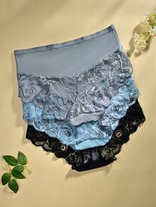 3pcs/Pack - Plus Size Women's Solid Color Lace Patchwork Comfortable Smooth Fabric Panties - Multicolor - View 2