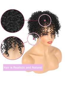 黑色非裔蓬松卷曲假发片，夹式真人发片，适合头发稀疏的男士和女士，自然丰盈柔软的黑色假发片。