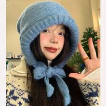 Fair Isle Style Knitted Hat For Women, Vintage Dual-Use Bag Hat, Warm Wool Hat With Ear Protection, Street Style - 條紋包包帽-卡其 - 查看 9