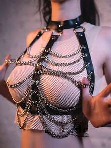 1件装PU皮革胸带，带链条，哥特风身体链，情人节礼物，女士配饰 - 黑色 - 查看 6