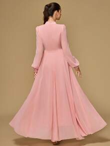 Women's Elegant Long Sleeve Dress With Stand Collar, Front Beaded Ruched Design, Dyed Button Closure - Pink - View 2