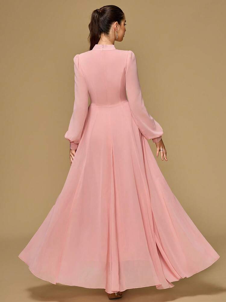 shein pink formal dress Women's Lotus Pink Pearl Off Shoulder Tulle Evening Gown Elegant Long  Sleeve Formal Prom Wedding Guest Dress, For Graduation, Dinner