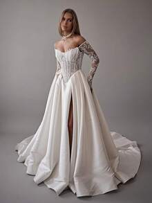 Vintage Off-Shoulder Long Lace Sleeve Corset Satin Ball Gown Wedding Dress With High Slit, Wedding Dresses For Bride, Elegant And Comfortable, Including Plus Size, Bridal Gown, Formal Dresses For Women, Suitable For Wedding, Party, Vacation, Bride, Formal Occasions, Dinner Dress, Prom Dress, After-Party Dress, Homecoming Dress, Cocktail Party, Birthday Party, Celebration, Gala, Festival, Ceremony
