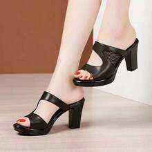 Sandalias de tacón alto para mujer Calzado informal multifuncional Zapatillas con tacón y suela gruesa Sandalias con punta abierta y suela gruesa - Negro - Ver 4