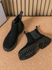男士切尔西靴，一脚蹬圆头踝靴，欧式厚底工作靴，黑棕麂皮高帮靴，复古摩托靴，适合户外徒步和驾驶的复古休闲高帮鞋，哑光办公日常鞋，透气轻便防滑四季特大码男鞋38-46，商务正装办公踝靴 - 黑色 - 查看 3