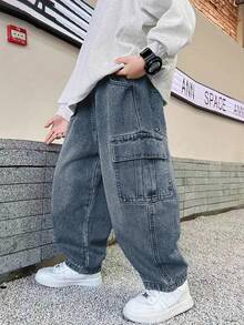 青少年男孩时尚直筒休闲牛仔裤 - 藏蓝色 - 查看 5