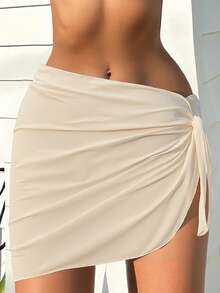 Swim SXY Summer Beach Solid Color Side Tie Ruched Holiday Cover-Up Skirt