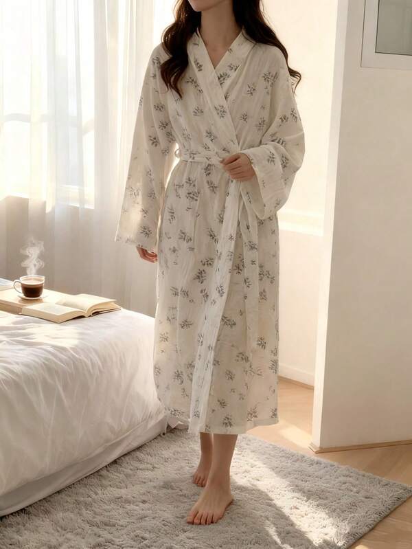 1pc Women's Bathrobe, Long Sleeve Robe,Kimono Robe, Sleepwear, Minimalist European Style Long Sleeve, Lightweight Solid Color Loungewear,Lightweight Bathrobe/Loungewear For Spring/Autumn, Petite To Plus Size