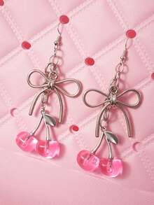 1 Pair Pink Cherry Blossom Earrings, Bow Pendant Earrings, Romantic & Cute Earrings, Suitable For Women, Valentine's Jewelry, Holiday Gift, For Girlfriend, Friend, Mother - Pink Cherry Earrings - View 1