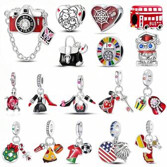 1 pieza Colgante de plata vintage con múltiples elementos, como cámara, corazones, bolsos, vestidos, viajes y eventos deportivos. Colgante con flores apto para pulsera, brazalete, collar y cuentas para hacer joyas DIY. Regalo de joyería de lujo para niñas.