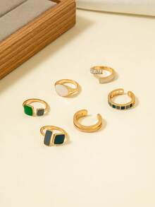 6pcs/Set Vintage French Geometric Square Crystal Luxury Minimalist Adjustable Stackable Rings For Women, Suitable As Gift For Dates, Gatherings With Friends, Photo Shoots