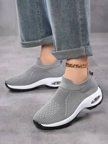 Women Breathable Lightweight Knit Slip On Walking Shoes Stretch Sock Upper Minimalist Solid Color Round Toe Low Top Platform Heel Sneakers Casual Style Women Daily Walking Outdoor Travel Spring Summer Grey Fabric Athletic Shoes - Grey - View 13