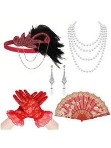 5pcs D EXCEED Women's Accessories Set - Headband, Earrings, Necklace, Gloves, Hand Fan, Suitable For Tea Party, Ball, Opera Costume, 1920s Vintage Party - Multicolor - View 11