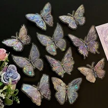 10pcs Laser Hot Stamping Butterfly Wall Stickers, Three-Dimensional Exquisite PET Retro Decoration, Handmade Tent DIY Stickers, Bedroom Creative Decoration - 天藍色 - 查看 12