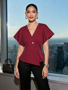 Amyenjoylife 女士单排扣优雅蝙蝠袖衬衫，红白条纹短袖修身外套 - 紅白色 - 查看 4