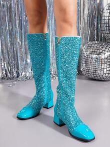 Women's Chunky Heel Tall Boots, New Warm Side Zipper Square Toe Blue High Heel Riding Boots, Autumn/Winter - Blue - View 3