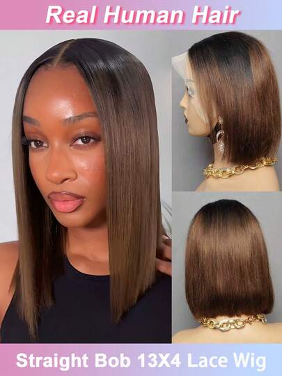 渐变色 99J 棕色波波头假发，真人发丝，13x4 蕾丝前额假发，短直波波头真人发假发，专为设计，预先拔毛，150% 密度，颜色 1B/4，16 英寸