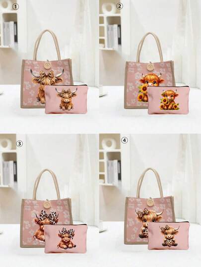 Charming Highland Cow & Floral Pattern Pink Handbag Set, Cartoon Highland Cow & Butterfly Linen Tote Bag, Small Floral Linen Button Decor Handbag, Minimalist Large Capacity Tote Bag, Portable Casual Storage Handbag, Multifunctional Shopping Bag, New Design, Large Capacity, Ideal For Shopping, Can Be Used As Shoulder Bag, Handbag, Lunch Bag, Lunch Box And Crossbody Bag. Suitable For Women, Suitable For Daily Use, Birthday, Holiday, Back To School, Christmas Gift.