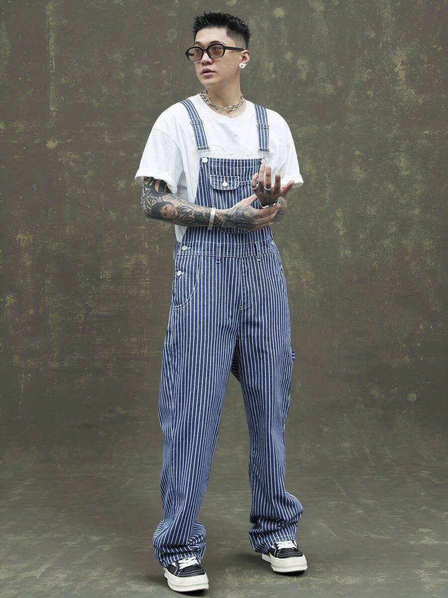 Men's Casual Fashionable Striped Loose Fit Straight Leg Denim Bib Pants, All Season - Blue - View 1