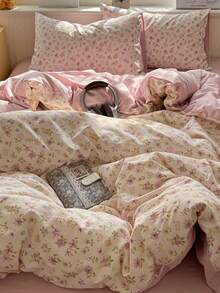 莫奈花园浪漫花卉四件套床上用品（1*被套+1*床单+2*枕套），少女风花卉设计，粉色、黄色花朵和绿色叶子点缀，纯色床单，适合情人节和日常使用，柔软透气，100%涤纶材质，四季皆宜，可机洗。 - 西瓜粉 - 查看 5