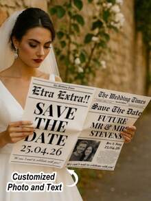 Báo cưới cá nhân hóa - Thông báo đám cưới, thông báo đính hôn và thiệp mời cưới - In khổ lớn theo kiểu báo, bao gồm tên của bạn, ngày tháng, ảnh và danh sách khách mời - Có thể chèn ảnh cô dâu và chú rể - Phụ kiện đám cưới - Nhiều màu - Xem 3