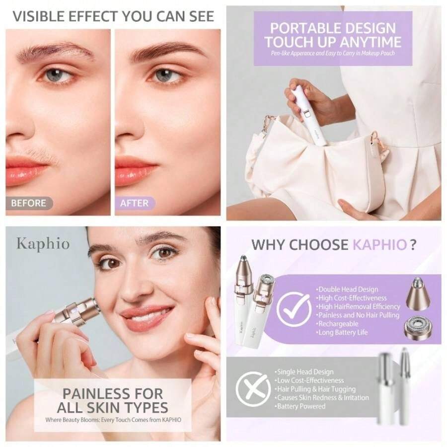Removedor de vello de cejas para mujer: recargable, 2 en 1, recortadora de cejas y afeitadoras faciales, dispositivo de depilacin elctrico sin dolor para cara, cejas, melocotn, pelusas con luz - Púrpura - Ver 1