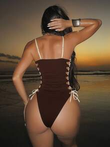 Swim SXY Women's Brown & Beige Contrast Color Drawstring Tie Side Hollow Sexy One Piece Swimsuit, Elegant Casual Outfit For Spring, Summer, Holiday, Beach Party - Multicolor - View 2