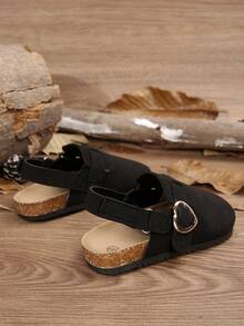 1 Pair Adjustable Hook And Loop Strap Casual Flat Sandals For Toddler Boys & Girls, Fashionable Cork Sole Slides For Indoor/Outdoor Wear, Suitable For Easter, New Year, Beach Vacation, Black Birkenstocks Style - Black - View 7