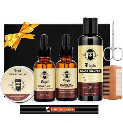 Goiple 胡须油 - 软化并丰盈胡须；胡须护理油 - 滋养肌肤，防止刺激；保湿胡须护理精华；滋养胡须油，调理并强健胡须；促进胡须健康生长；胡须膏，保持胡须和髭须的最佳状态；男士理容套装，包含胡须油、胡须膏、胡须填充笔、胡须洗发水和胡须刷。
