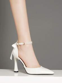 Nya vårmode med rosett och svarta och vinröda högklackade pumps med spetsiga tå, franska mångsidiga fest- och bröllopsskor för kvinnor - Vitt - Visa 4