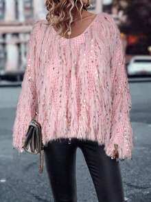 宽松版型女士秋冬奢华流苏亮片针织衫 - 超V领派对上衣 | 优雅欧式晚礼服 - 粉色 - 查看 3