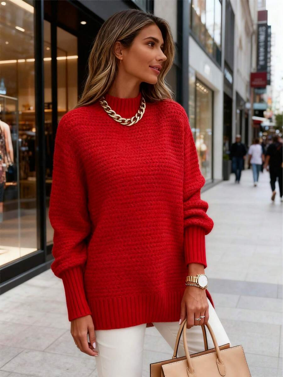 Women's Mock Neck Knitted Sweater  Multi-Color Oversized Textured Pullover, Cozy Fall Winter Fashion Essential - Đỏ - Xem 1